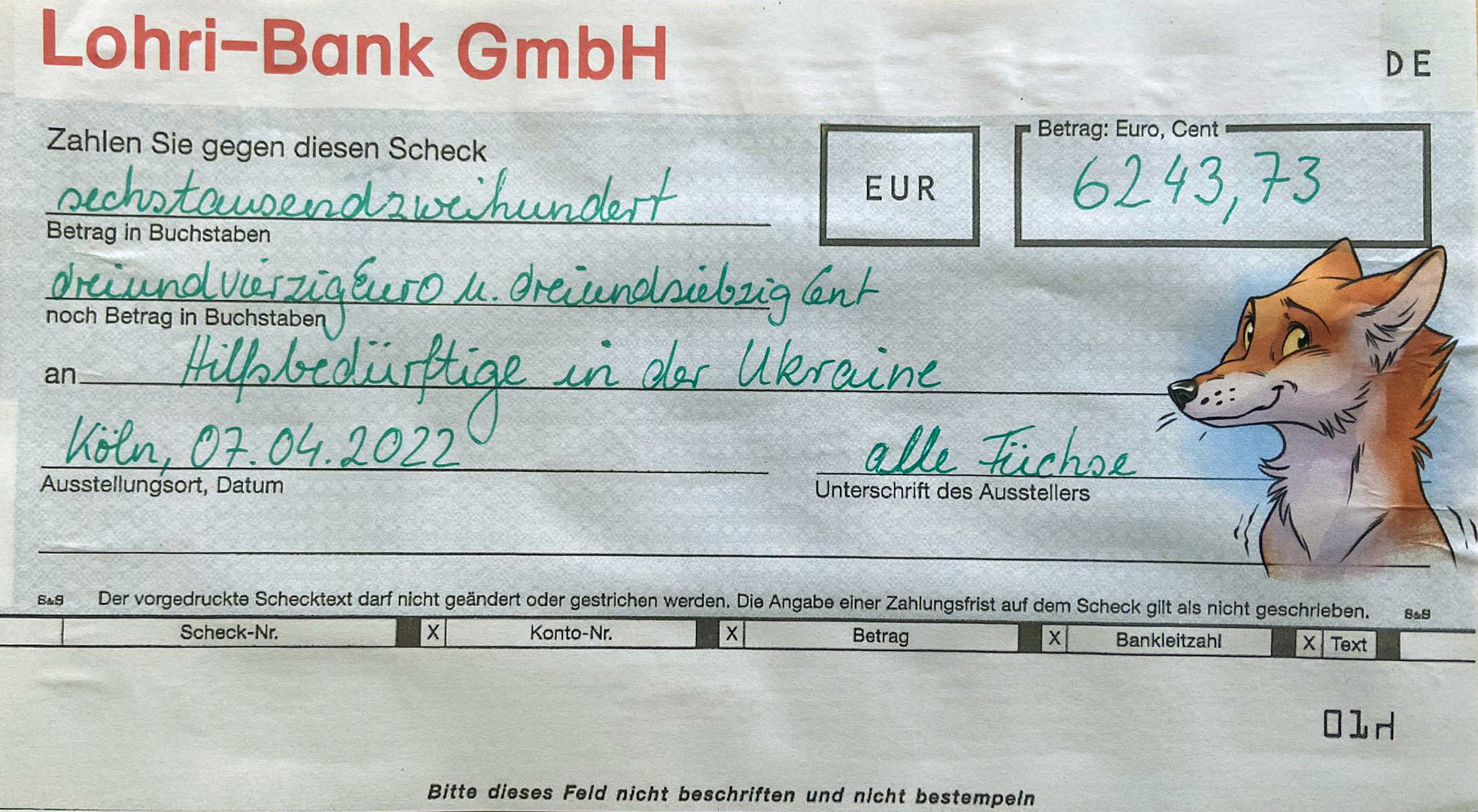 Spendenscheck der Fuchs-Klasse | KGS Lohrbergstrasse - Ukrainehilfe | Köln